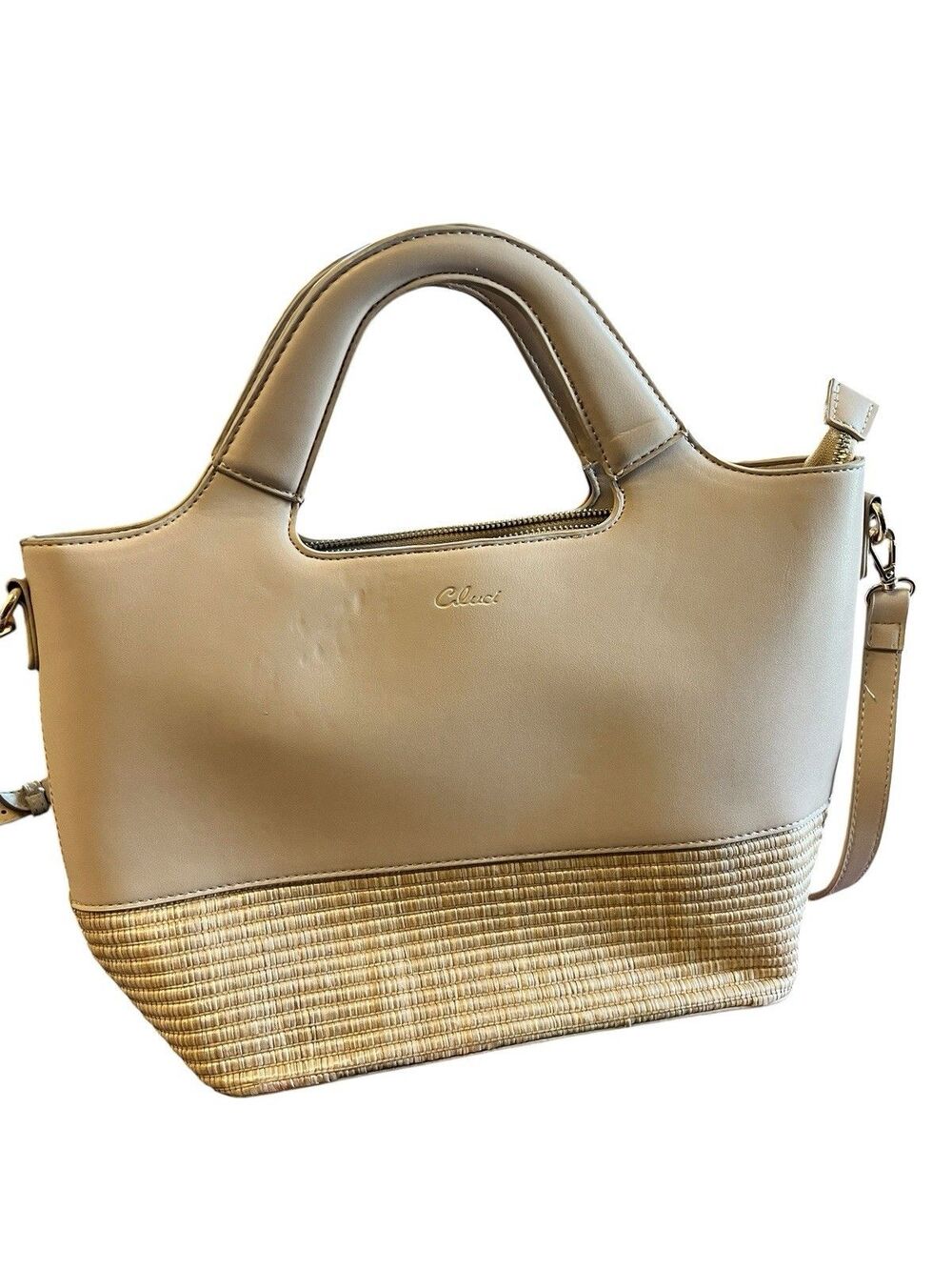 Cluci Beige Satchel Top Handle Bag Woven Accents Detachable Strap Inner Pockets